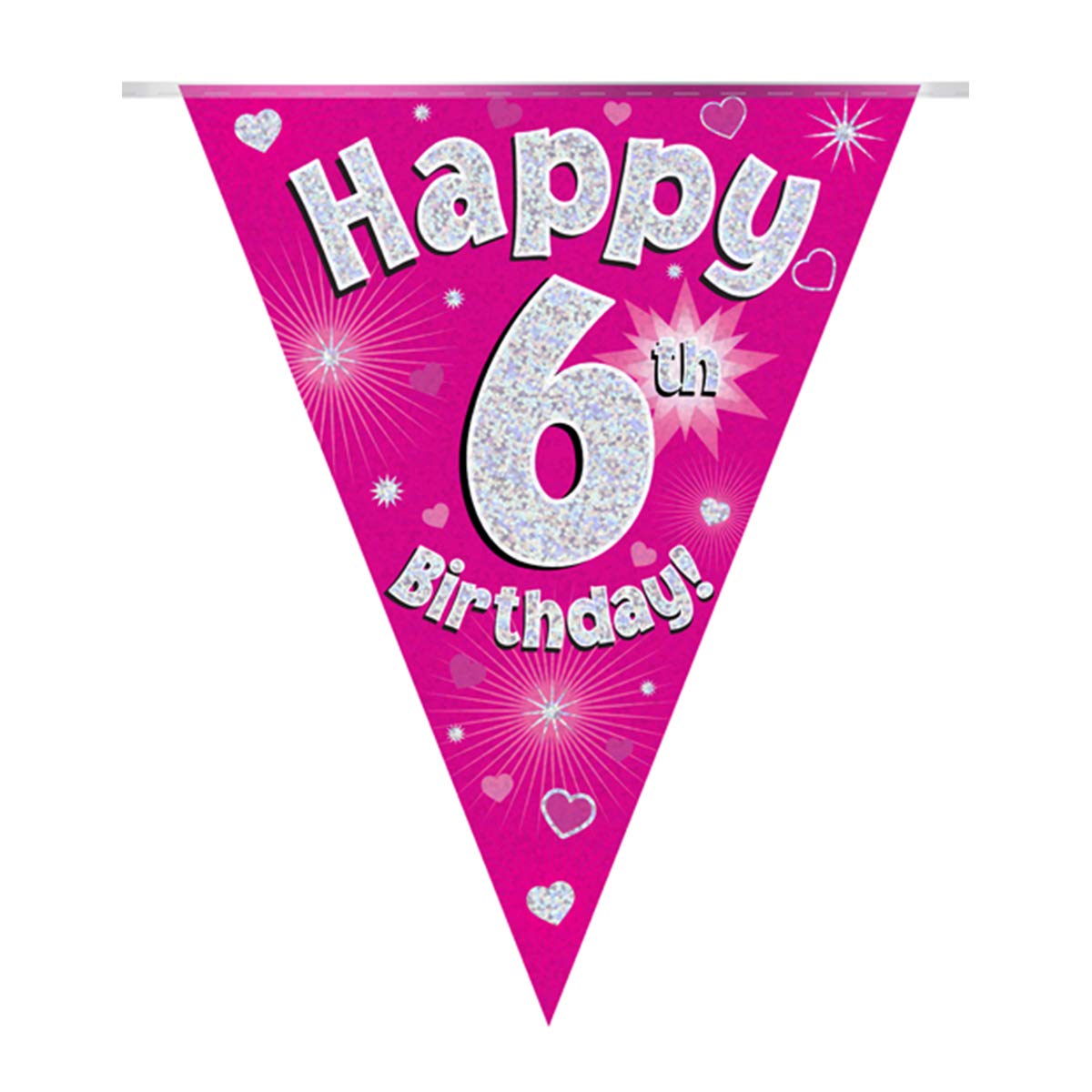 Party Bunting Happy 6th Birthday Pink Holographic 11 flags 3.9m