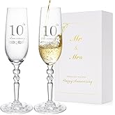 BEKESIN 10th Anniversary Decorations Gifts for Couple, Classical Style 10th Wedding Anniversary Champagne Flutes Glasses, Crystal Champagne Glasses Set of 2, Gifts for husband, wife, Couple