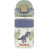 Nuby Thirsty Kids Flip-It Bolt Toddler Cup with Push-Button Locking Flip-Top and Silicone Spout - 12 oz - Easy-Grip and Spill-Resistant - 18+ Months - Dinosaurs