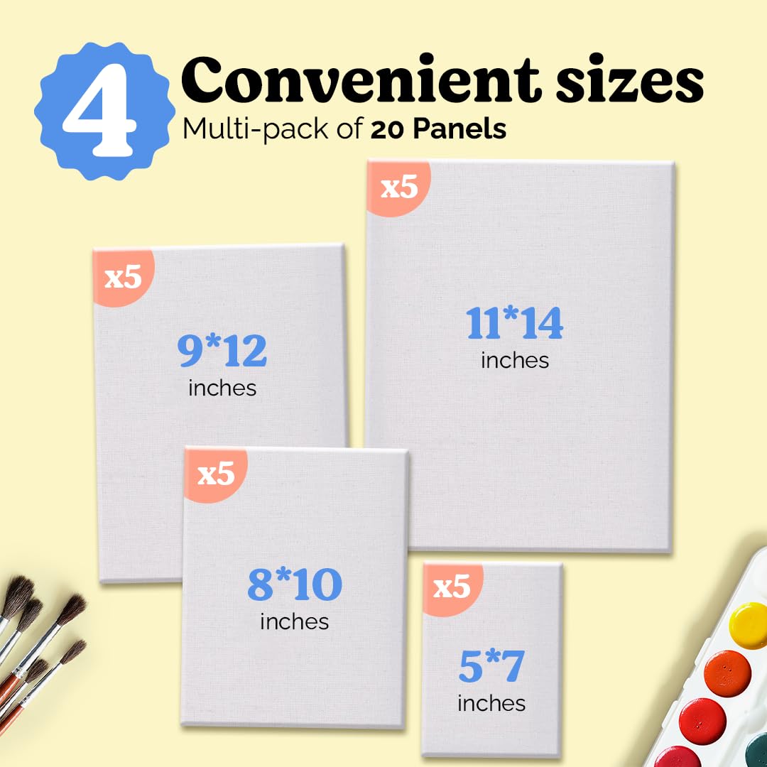 Chalkola Canvas for Painting - (20 Bulk Pack, 5x7, 8x10, 9x12, 11x14 inch) | 100% Cotton Panels, Primed Blank Canvases for Painting for Kids & Adults - Paint Canvas Boards for Acrylic, Oil, Watercolor