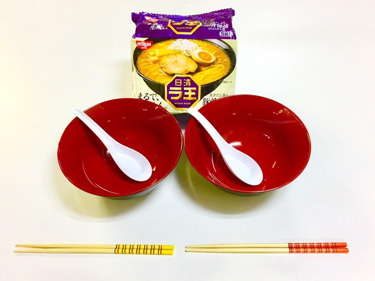 JapanStyle Japanese Ramen Donburi Bowl dia. 183cm 82g [Black x Vermilion ] x 2pcs/Renge Ramen Spoon x 2pcs/Chopsticks x 2 sets/Raoh Tonkotsu Shoyu Porkbone Soy Sauce [5pcs]/ Ready-for-Ramen Package TS