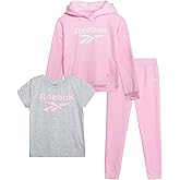 Reebok Girls Pants Set - 3 Piece Soft Fleece Pullover Hoodies Short Sleeve Graphic Tee and Jogger Sweatpants Sweatsuit Set