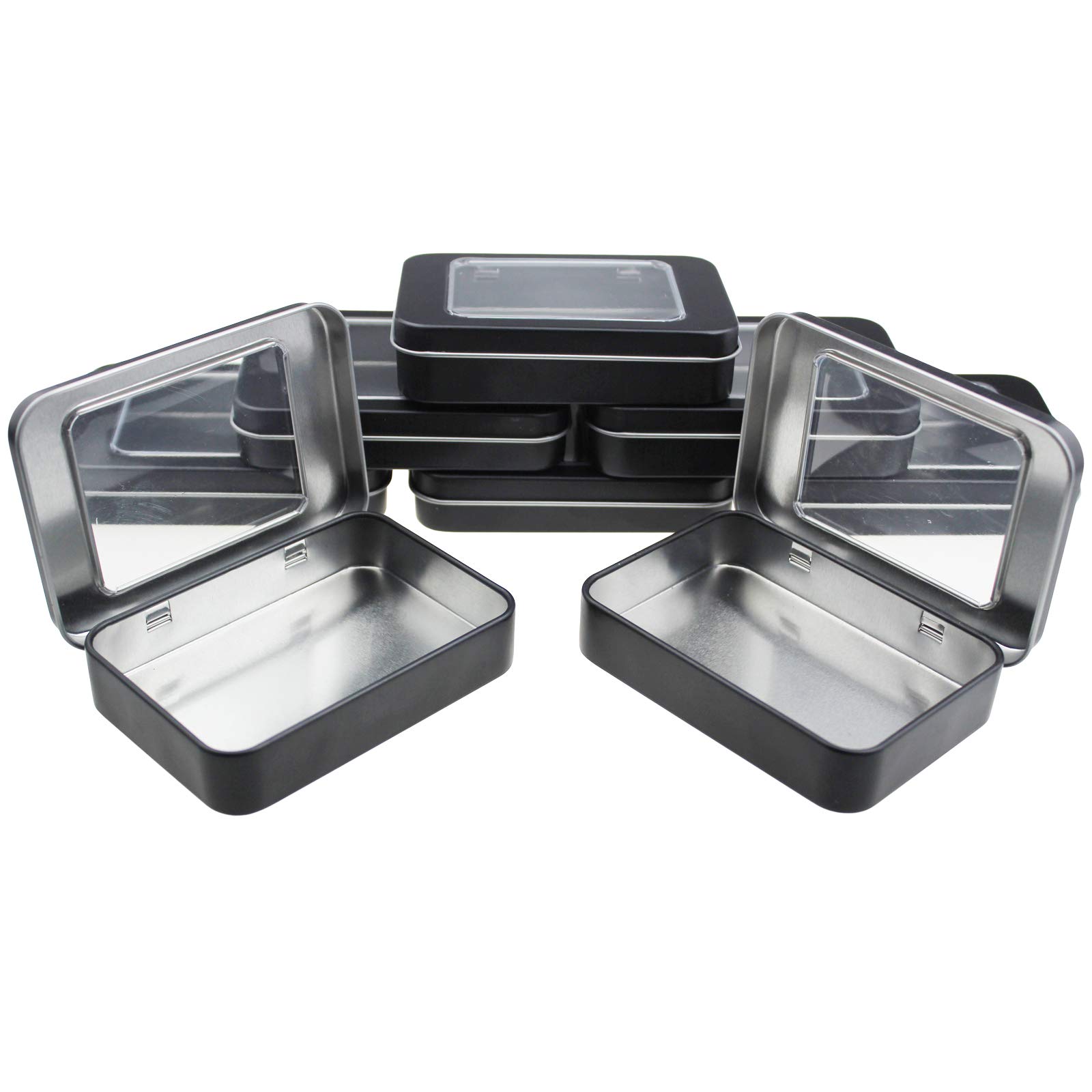 Goodma 8 Pieces Rectangular Metal Empty Hinged Tins Home Storage Containers Organizer Mini Box with Clear Window Lid, 10 x 7 x 2 cm (Black)