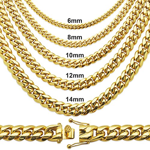Premium 14KT Gold Plated Stainless Steel Heavy Solid Miami Cuban Link Chain. Secure Box Lock. 30