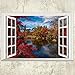 DNVEN Faux Window Decals Autumn Feel Red Leaves Peaceful Lake False Window Clings Murals 3D Full Color Vinyl Bedroom Living Room Playroom Wall 24 inches x 16 inches