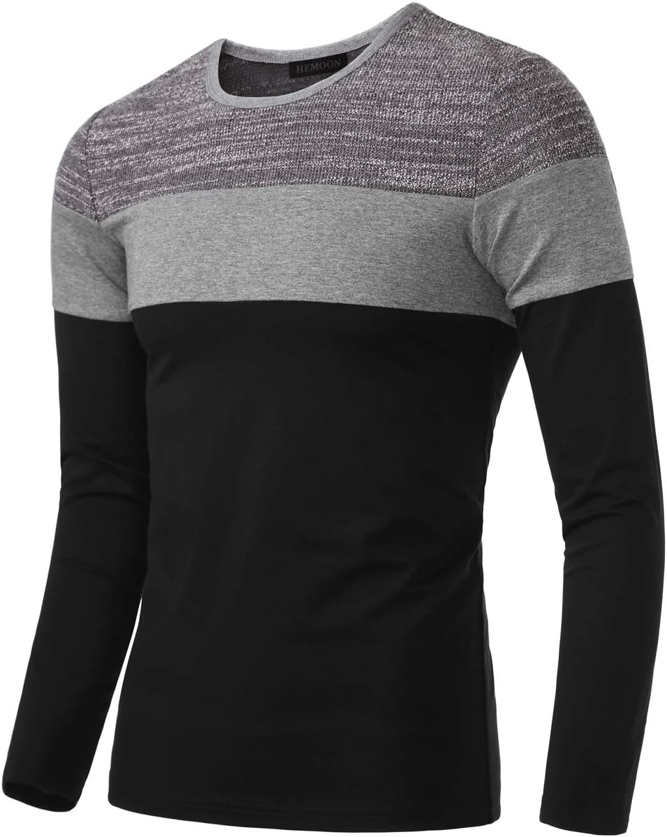 HEMOON Men's Casual Slim Fit Contrast Color Long Sleeve T-Shirt Tee