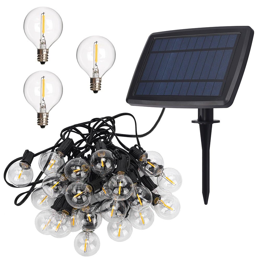 TEKLED® LED Outdoor String Lights | 25 LED G40 Decorative Bulbs | Waterproof Indoor Outdoor 25FT with Solar Panel | Warm White 4 Modes | for Patio Garden Backyard Home Christmas Tree Party Terrace
