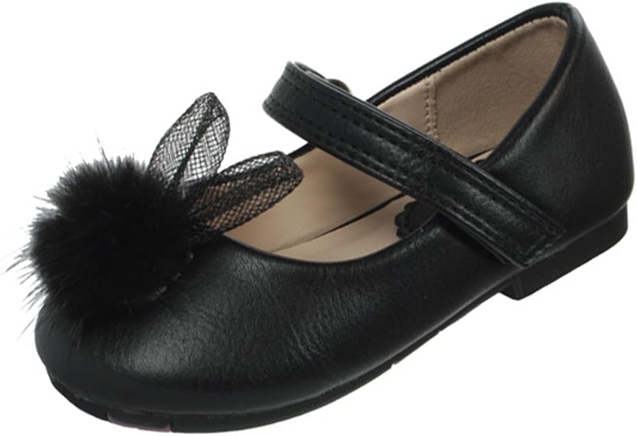 Infant Girls Children Black Soft PU Party Ballerina Shoes with net Ears
