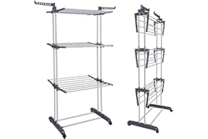 Clothes Drying Rack, 4-Tier Folding Drying Rack, Stainless Steel Free Standing Movable Laundry Rack,24 Drying Poles and 14 Ho