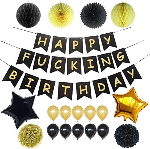 LOCCA Happy Fucking Birthday Decorations Banner Funny Adult Men Women Party Supplies Favors for 21st 30th 40th 50th 60th 70th 75th 80th 90th Birthday (Black)