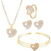 QLYOVWE 14K Gold-Plated Heart Jewelry Set for Women Cute Hollow Love Shaped Necklace Dainty Crystal Earrings Bracelet Adjustable Ring Charm Prom Wedding Jewelry Gift for Anniversary