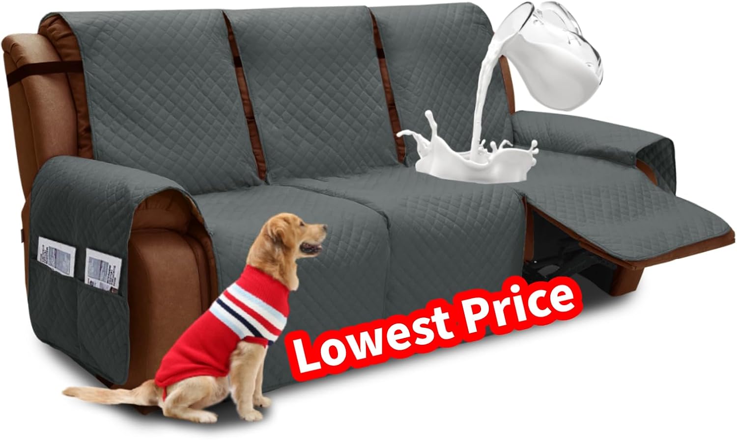 Slipcovers - XINEAGE Water Resistant Recliner Cover, 3 seat Recliner Sofa Covers with Pockets, Quilted Thick Recliner Protector Cover for Dog Pets with Non Slip Backing and Strap (Recliner Sofa, Dark Gray)