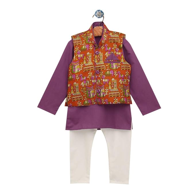 Bownbee By Hopscotch Boys Blended Cotton Kurta Pajama With Printed Waistcoat In Purple Color