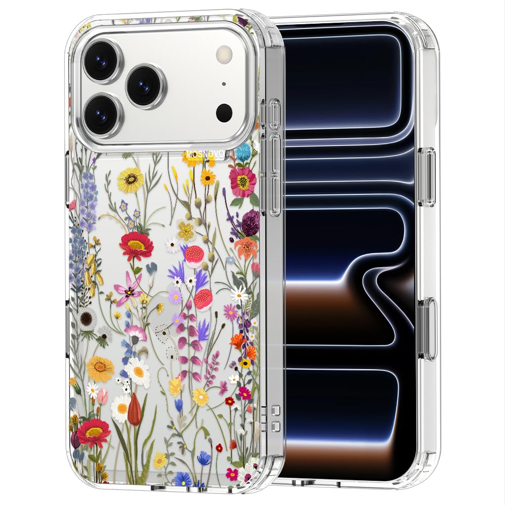 MOSNOVO for iPhone 17 Pro Max Case | Military Grade 6.6ft Drop Tested | Camera Control | Clear with Wildflower Meadow Design Image