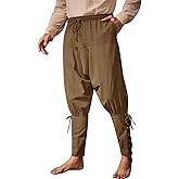 Runcati Mens Medieval Ankle Banded Pants Renaissance Viking Pirate Navigator Costume Pants Lace Up Cotton Halloween Trousers