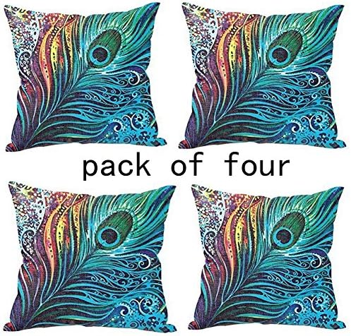 WUWE® Beautiful Peacock Tail Personalized Square Cotton Blend Linen PillowCase Decor Cushion Covers 18x18 Inch (PACK of Four)