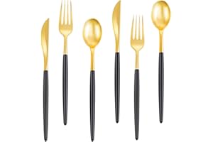 Rubtlamp 96 Pcs Gold Disposable Silverware, Plastic Cutlery, Gold Utensils Plastic with Black Handle Include 32Forks, 32Spoons, 32Knives for Party
