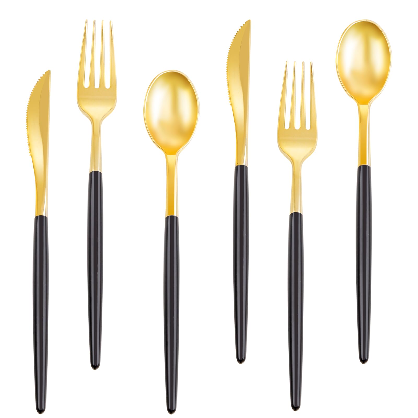 Photo 1 of Rubtlamp 96 Pcs Gold Disposable Silverware, Plastic Cutlery, Gold Utensils Plastic with Black Handle Include 32Forks, 32Spoons, 32Knives for Party