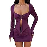 Yeenily Women Fall Dresses Long Sleeve Bodycon Low Cut Cutout Front Sexy Cocktail Mini Dress Short Party Club Dress