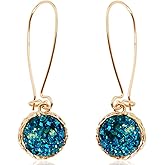 Simulated Druzy Threader Drop Earrings for Women - Gold, Silver, or Rose Gold Tone Trendy Boho Dangles with Sparkly Round Stone