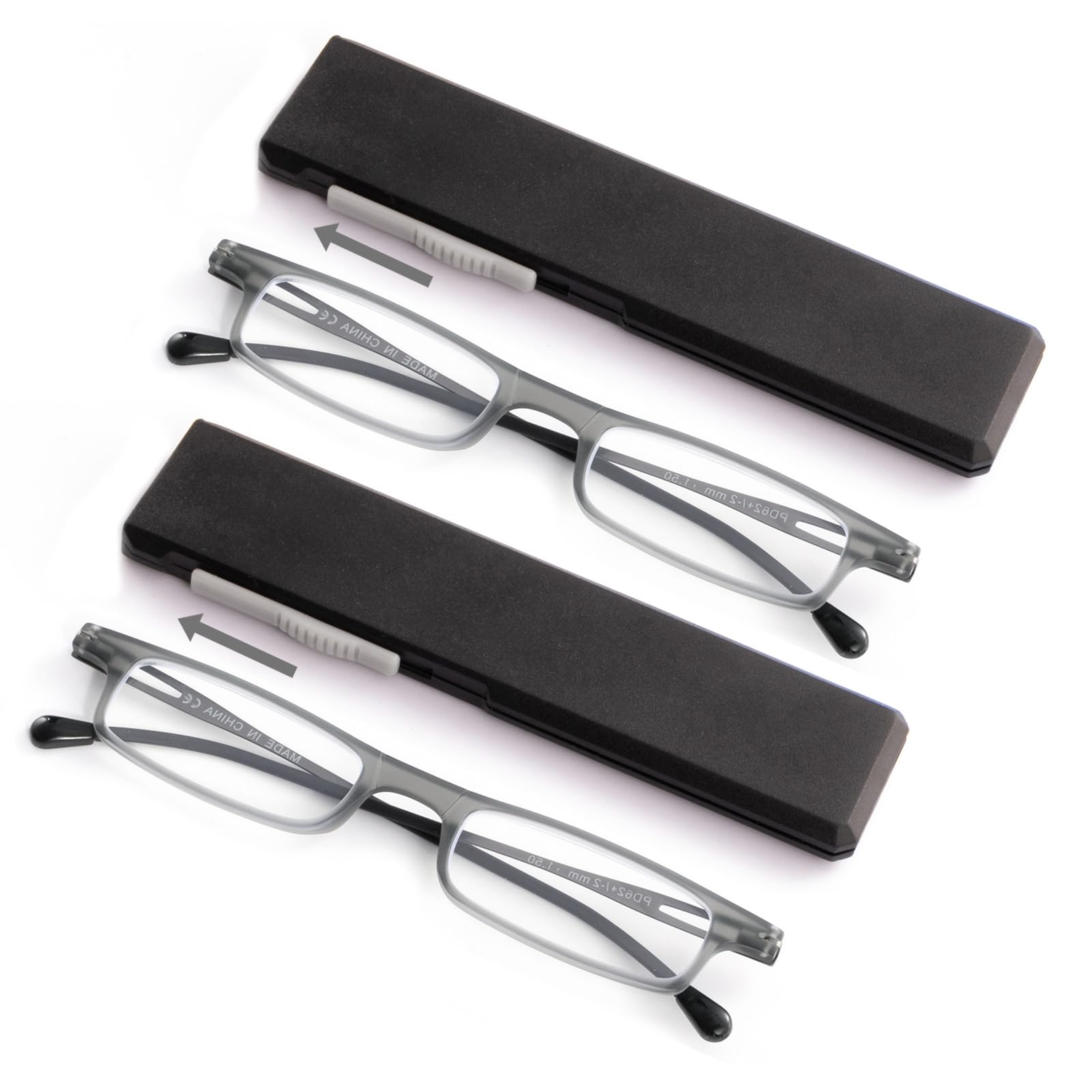 OuShiun 2 Pack Folding Reading Glasses Ultra-thin Travel Readers Flat Computer Eyewear with Compact Case for Women Men,Grey,3.5