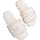 Verdusa Women's Pearls Open Toe Fuzzy House Slippers Faux Fur Bedroom Shoes