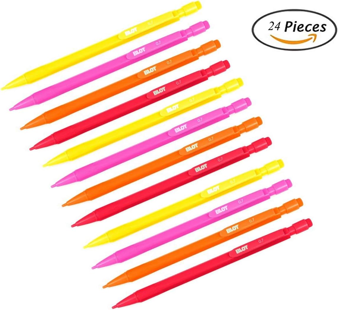 BLOT Mechanical Pencils 0.7 mm Medium Point, 2 Lead Pencil Grade, Built-in Eraser, 4 Assorted Warm Barrel Colors Mechanical Pencil Set - 24 Ct.