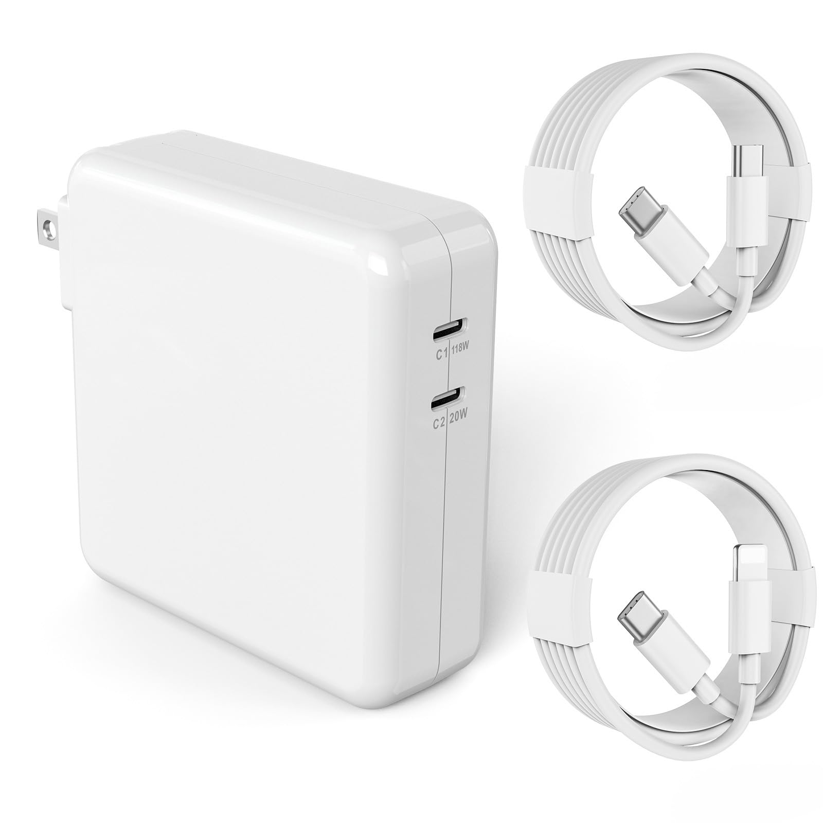 Photo 1 of Mac Book Pro Charger - 138W USB C Charger, 2 Port Power Adapter Compatible with MacBook Pro 16, 15, 14, 13 Inch, MacBook Air 13 Inch, iPad Pro and More USB C Devices, Include 2 Cables
