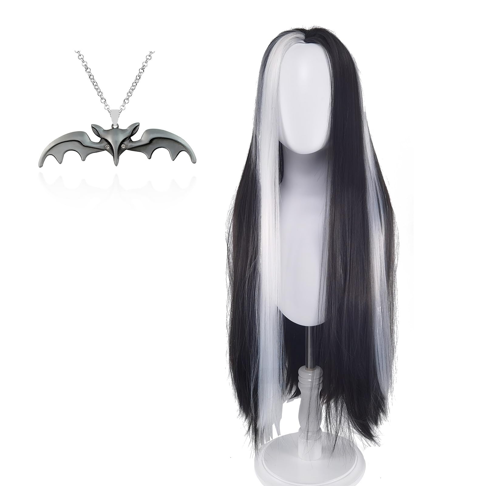 Photo 1 of ZNTU Lily Munster Costume Wig with Bat Necklace Classic Black & White Long Straight Hair for Halloween and Cosplay
