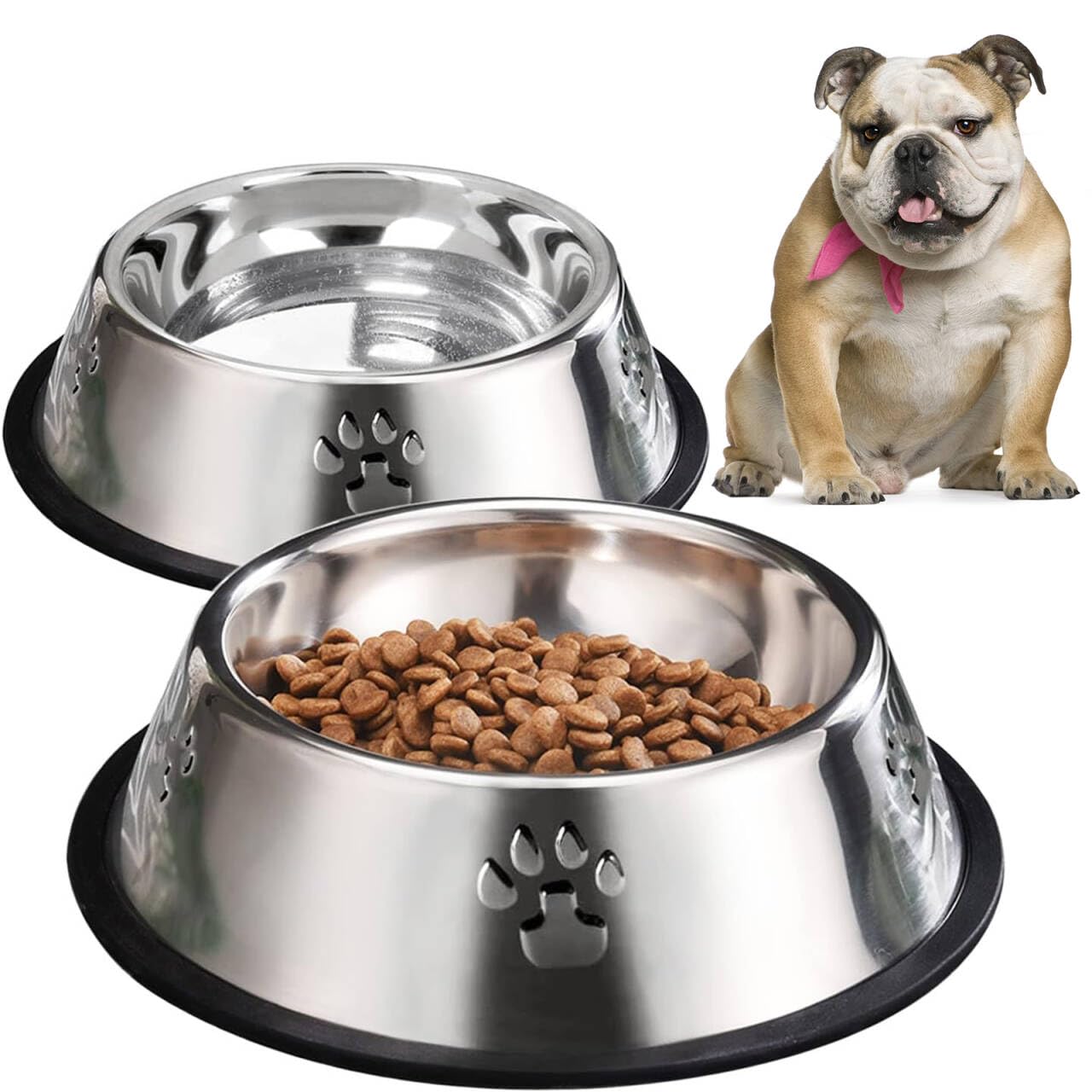 YUDANSI 2PC Paw Prints Stainless Steel Dog Bowls, 960ml Dog Feeding Bowls, Cat Plate Bowls with Rubber Bases, Small, Medium and Large Pet Feeder Bowls and Water Bowls