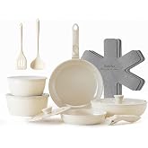 Redchef 16pcs Ceramic Pots and Pans Set, Detachable Nonstick Cookware Set | Non-Toxic Induction Cooking Set, Space Saving, RV Ceramic Cookware for Camping, PFAS Free, Dishwasher/Oven Safe, Beige White