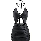 MakeMeChic Women's Y2K Skirt Set Leopard Print Tie Back Halter Crop Top and Ruched Mini Skirt Outfits Set