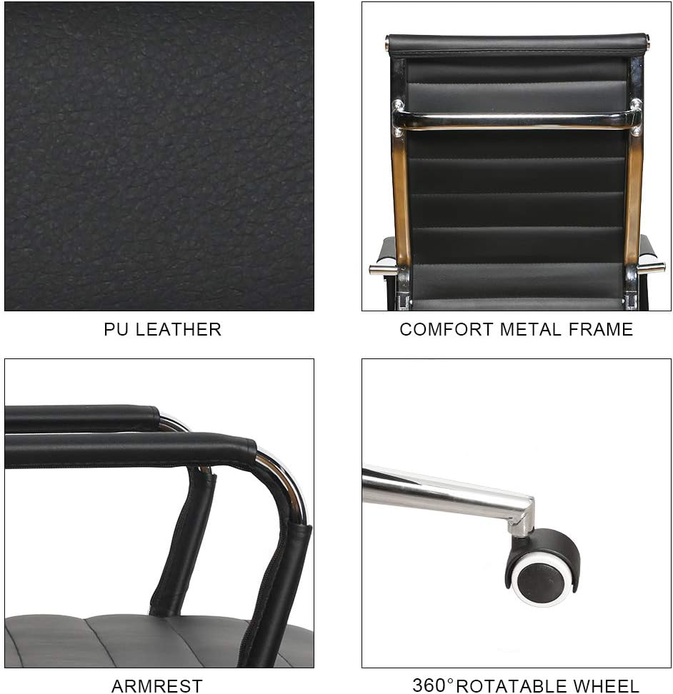 LUCKWIND Ergonomic Office Chair Ribbed Leather Swivel - Adjustable Height Tilt Arm Sleeves Lumbar Support High Back Upholstery Executive Modern Conference Computer Chrome Wheel Caster 350lb Big Black: Kitchen & Dining
