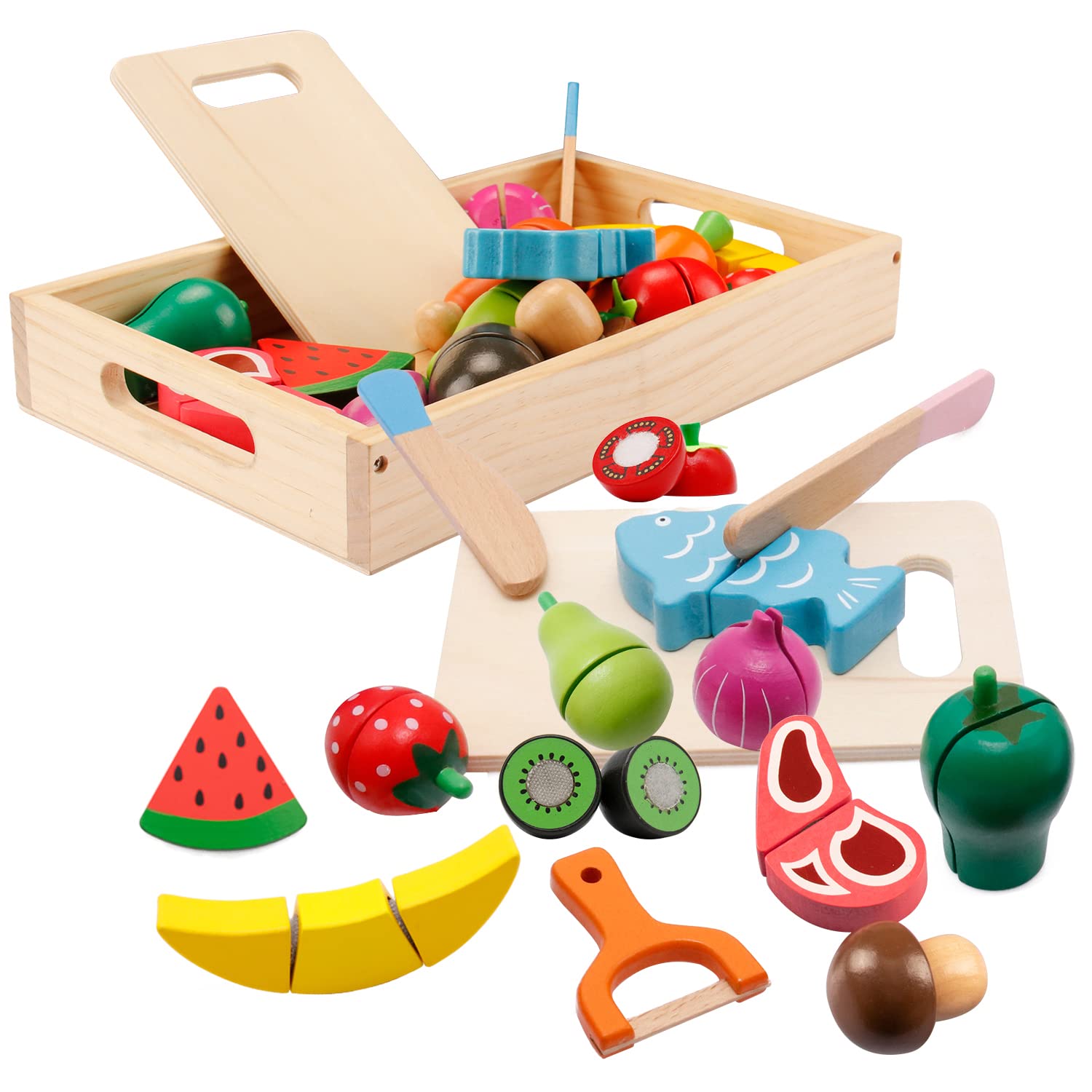 Wooden Play Food Toys for Kitchen - Fruit and Vegetables Set for Children - Cooking Simulation Educational Toys for 3 Year Old Boys Girls β image 1