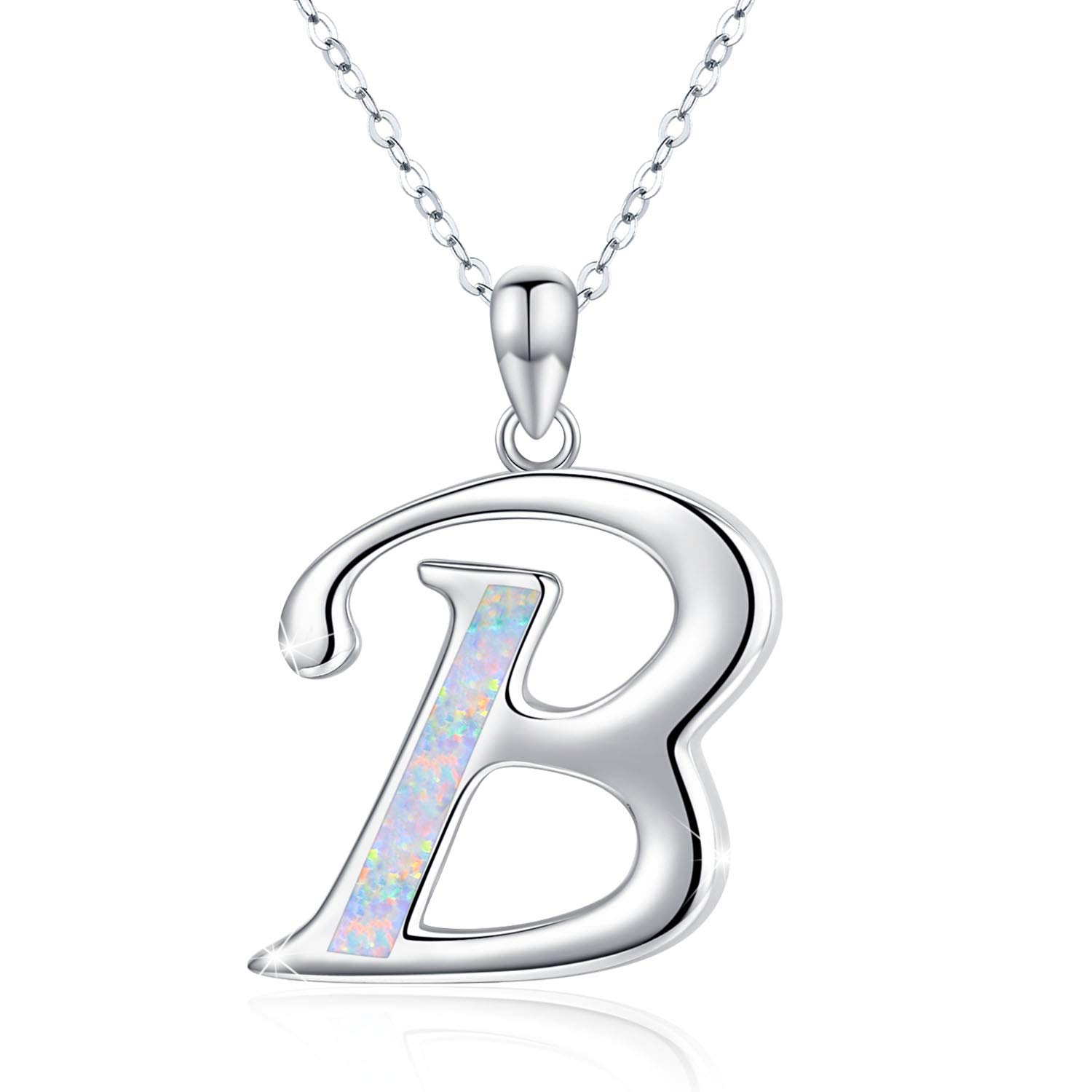 Cuoka Initial Necklace, 925 Sterling Silver Monogram Letter Pendant with Created Opal, A-Z Alphabet Necklace Jewelry Gifts
