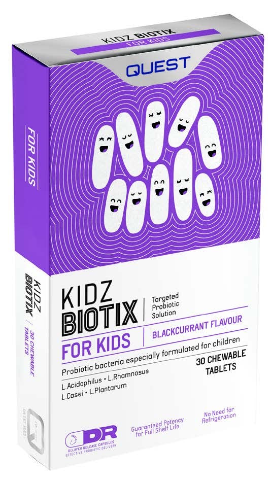 Quest Kidzbiotix Children's Blackcurrant Flavoured Probiotic Chewable Tablets for Gut, Digestive, Bowel and Immune Health. Multi Strain Complex with 2 Billion Live Bacteria Cultures (30 Capsules)