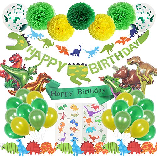 Dinosaur Party Supplies | 72 pcs for Birthday Decorations | Pre-Assembled Banner | Dino Party Pack Favors, Stickers, Inflatable Balloons and Tattoos. Perfect for Kids Jurassic World Theme Party
