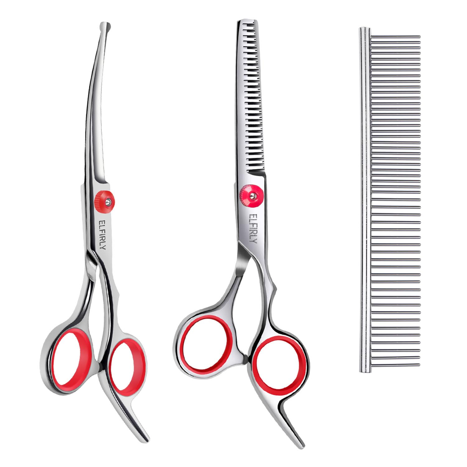 Elfirly Dog Grooming Scissors Set with Safety Round Tip (2 Pack - Curved Scissors Thinning Shears for Grooming) Pet Grooming Shears with Grooming Comb for Dogs and Cats