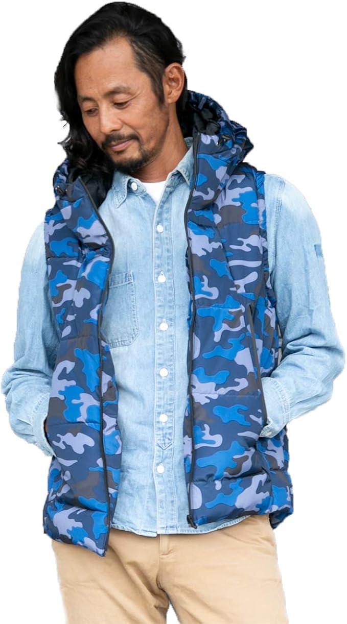 Amazon ダウン ベスト メンズ 迷彩 中綿ベスト フード付き 防寒 暖かい 登山 アウター 春秋冬 ップス おしゃれ カジュアル ブルー 3l ベスト 通販