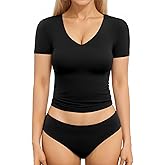 MANGOPOP Women's Double Lined Short Long Sleeve Tops V Neck T Shirts Fitted Basic Tee