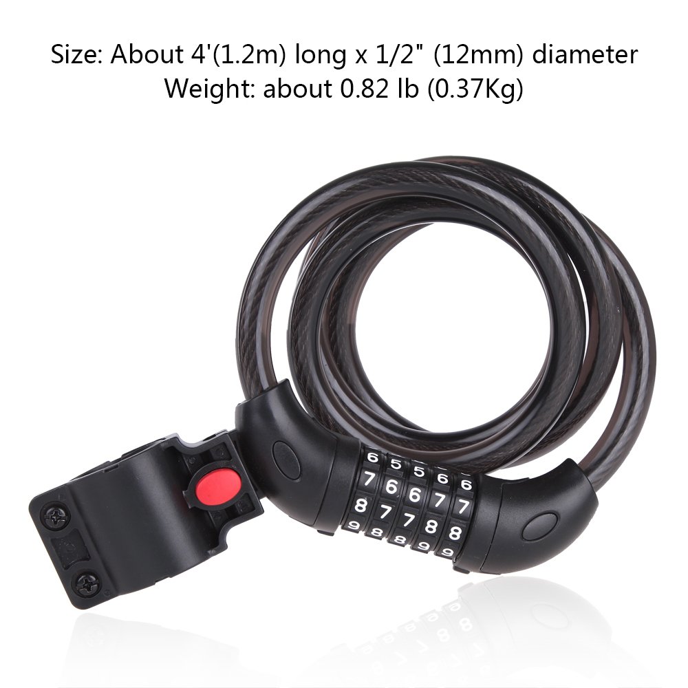 Security Bike Lock Combination Resettable With 5 Digital Code,4 Feet Self Coiling Cable Bike Lock For Mountain Or Road Bike With Complimentary Mounting Bracket