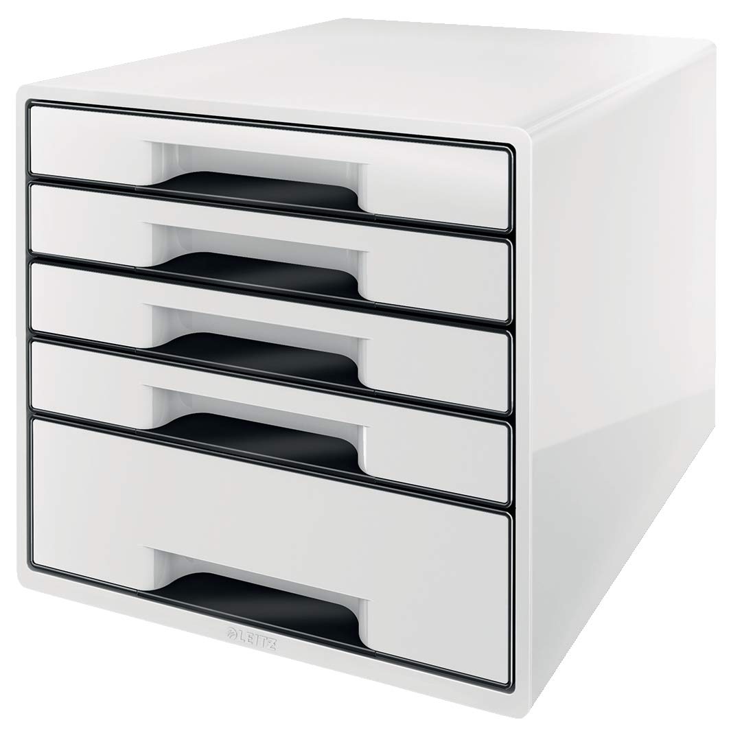 Leitz 5 A4 Drawer Cabinet with Marker Pen and Transparent Tray, Organiser, Wow Range, White/Black
