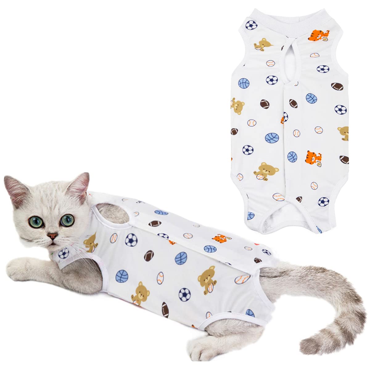 Cat Professional Surgery Recovery E-Collar Alternative, Cotton Breathable Sterilization Suit for Abdominal Wounds, Pajama for Kitten Anti-Biting Licking - Football/L(7.5-10 lbs)