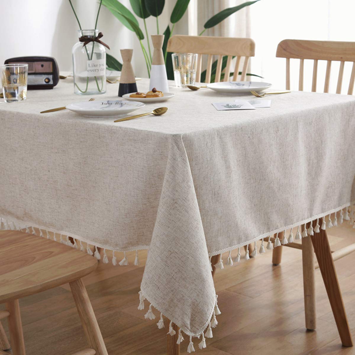 BringsineStitching Tassel Tablecloth Heavy Weight Cotton Linen Fabric Dust-Proof Table Cover for Kitchen Dinning Tabletop Decoration (Square,55 x 55 Inch)