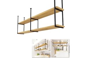 DCTPETHM Floating Shelves Decorative 2 Tier Wood Shelving, Kitchens Storage Rack with Ceiling Hanging Metal Iron Frame Plant 