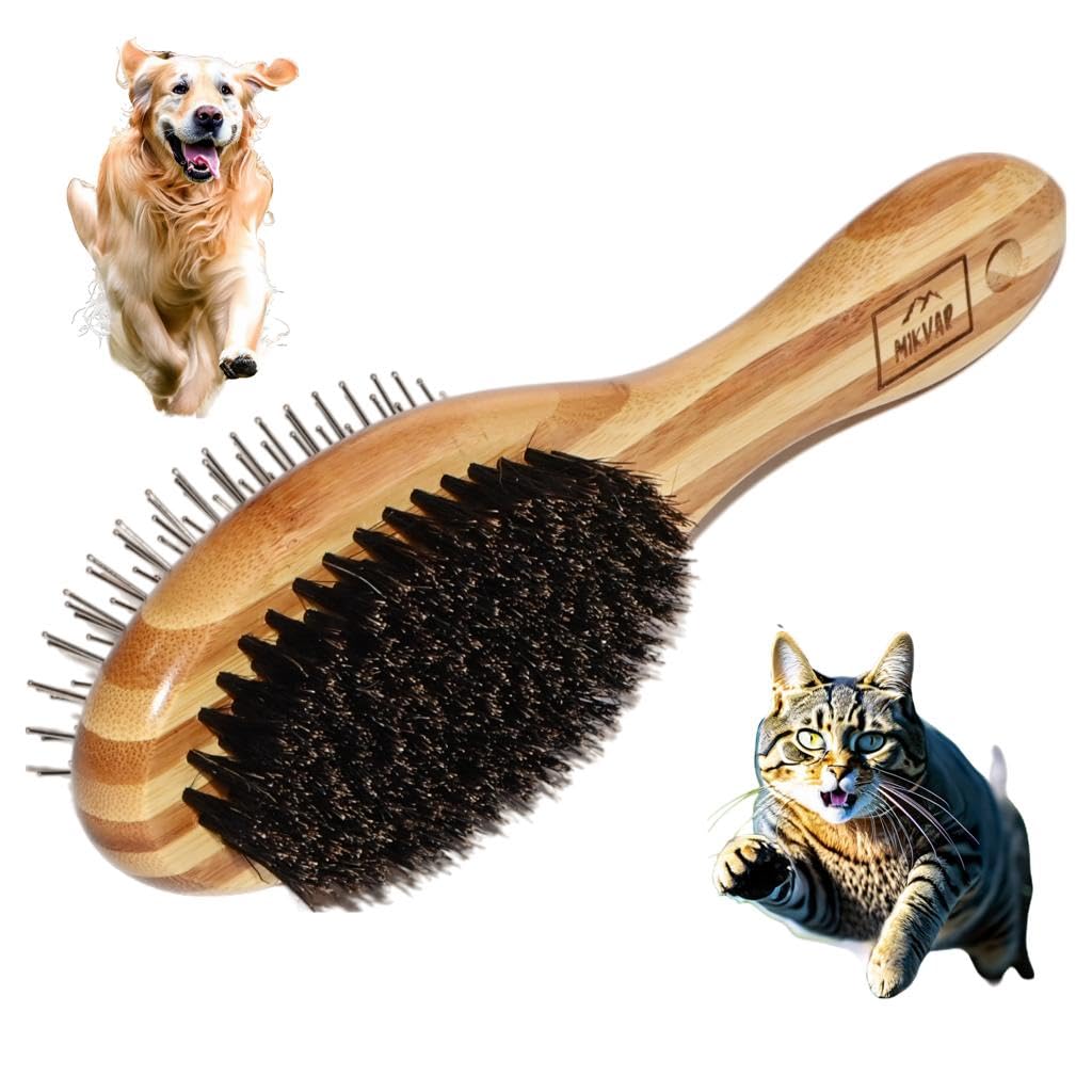 MIKVAR Grooming Pet Brush - Double Sided Eco Friendly Boar Bristles and Pins - For Grooming or Removing Hair for Dogs, Cats and Other Pets