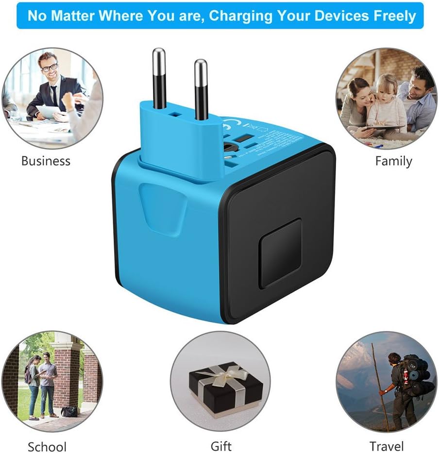 SAUNORCH Universal International Travel Power Adapter W/Smart High Speed 2.4A 4xUSB Wall Charger, European Adapter, Worldwide AC Outlet Plugs Adapters for Europe, UK, US, AU, Asia-Blue: Electronics