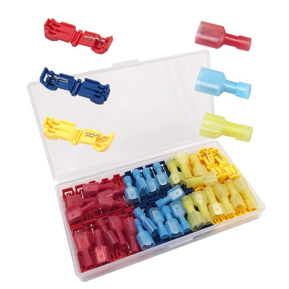 senvenelec 60Pcs (30 pairs) advanced T-Tap line terminal, self-exfoliating quick connector cable connector and fully insulated male Spade terminal connector kit - red 20Pcs, blue 20Pcs, yellow 20Pcs