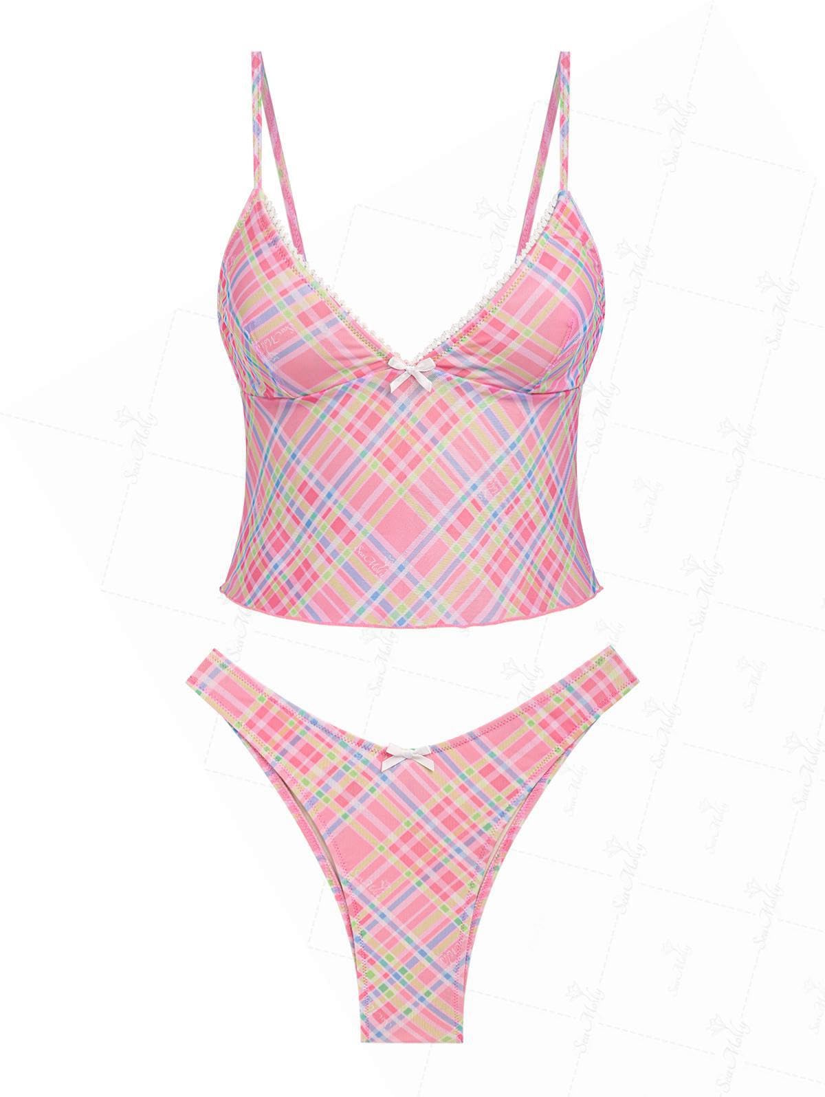 Photo 1 of seamoly Vintage Gingham Lace Trim Bowknot Decor Cheeky Tankini Set, Light Pink, M