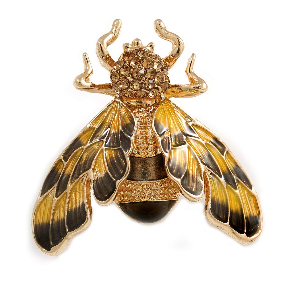 Yellow/Black Enamel Crystal Moth Brooch In Gold Tone - 35mm Long